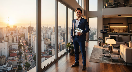 Um corretor de imóveis bem-sucedido, posicionado com confiança em um apartamento de luxo em um arranha-céu moderno